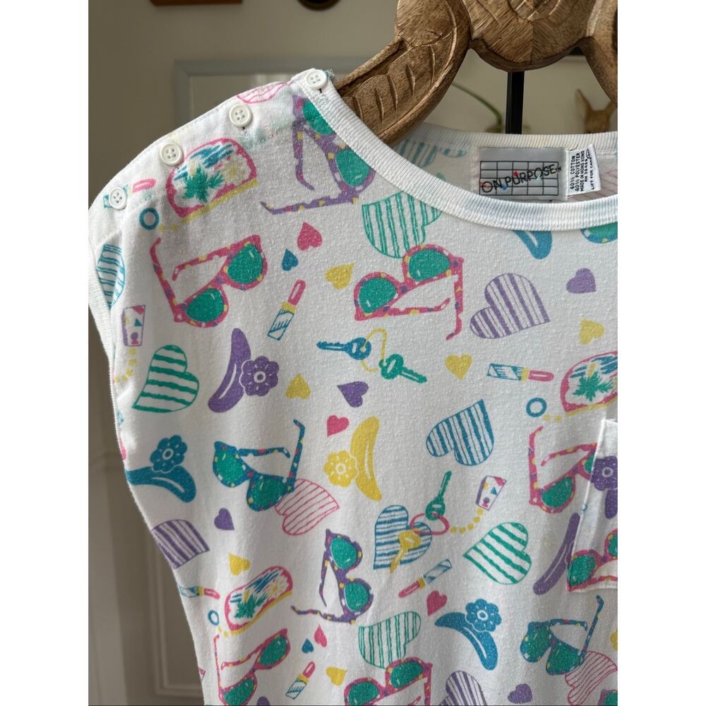 Vintage 80s 90s Tshirt Material Romper Summer Novelty Print L - Picture 1 of 8